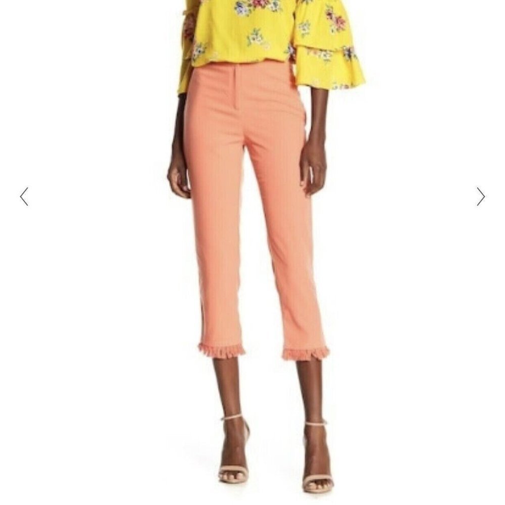 Rampage Womens Crop Pants Fringe Hem Boho Mid Rise Pockets in Coral Size Medium